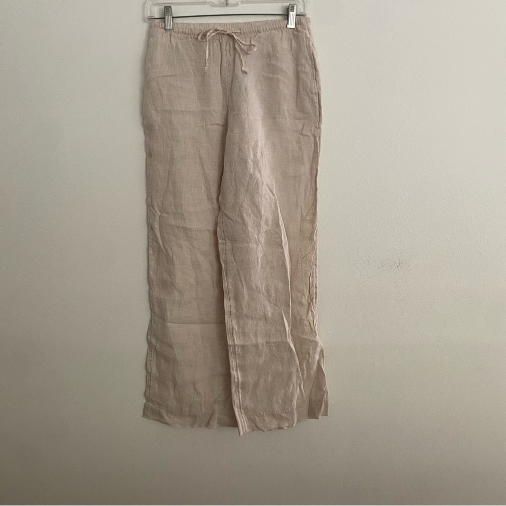 NWT H&M BEIGE CREAM 100% LINEN STRAIGHT LEG ELASTIC WAIST PANTS SIZE XS